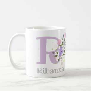 Mug Initiales Plus Nom avec Fleurs. Dessin Floral