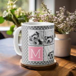 Mug Instagram gris et rose 5 Photo Collage Monogramme<br><div class="desc">Pastel and White Polka Dot Motif - Utilisez cinq photos carrés pour créer un cadeau unique et personnel. Ou vous pouvez garder le chiot hipster et faire un gardien branché. Si vous avez besoin d'ajuster les images,  cliquez sur l'outil personnaliser pour apporter des modifications.</div>