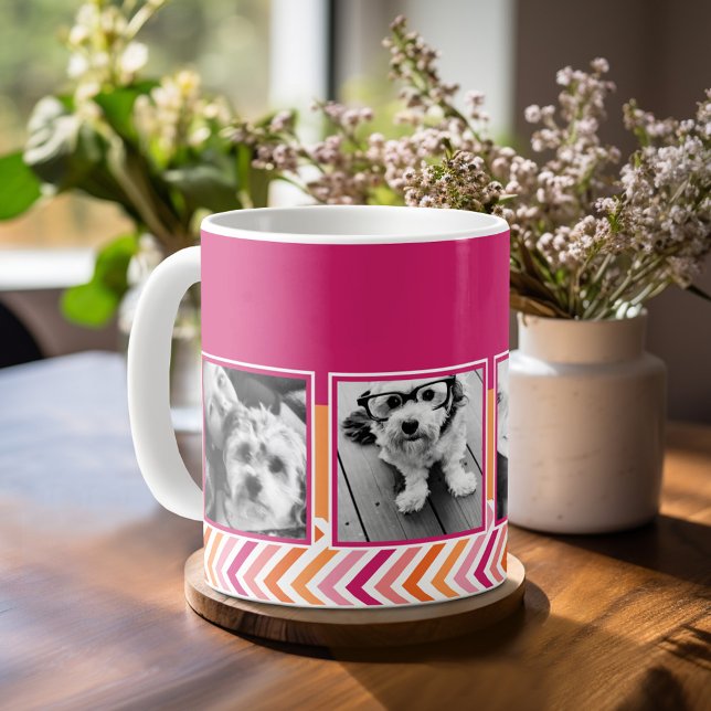 Mug Instagram Photo Collage Hot Pink Orange Chevrons (Mug template with 4 photos and Text)