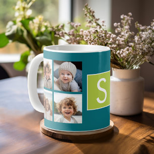 Mug Instagram Photo Collage Monogramme - Bleu et chaux