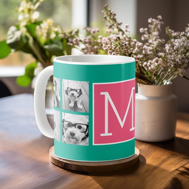 Mug Instagram Teal & Rose Chaud Monogramme Collage de  (Mug template with 8 photos and Text)
