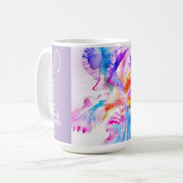 Mug Iris peintes à la main Fleur Floral Aquarelle (Devant gauche)