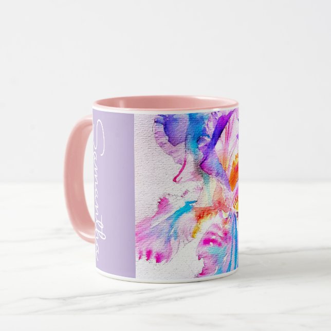 Mug Iris peintes à la main Fleur Floral Aquarelle (Devant gauche)