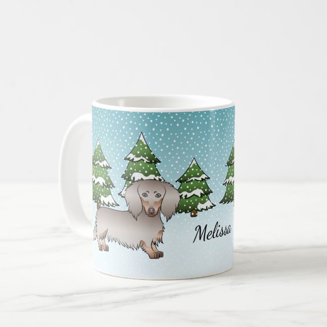 Mug Isabella & Tan Long Hair Dachshund Forêt d'Hiver (Devant gauche)