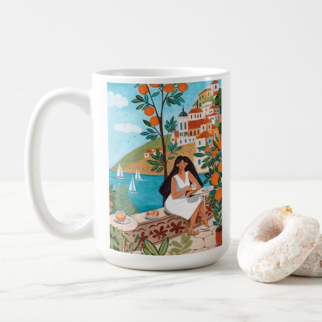 Mug Italian Coast Café Scene Illustration (Avec donut)