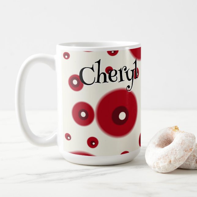 Mug Ivory Red Dots Funky Whimsical Circle Pattern  (Avec donut)