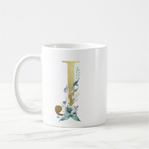 Mug J initial doré avec feuillage floral bleu