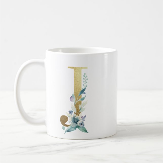Mug J initial doré avec feuillage floral bleu (Gauche)