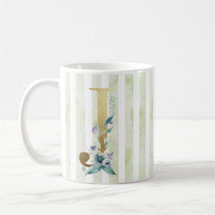 Mug J, initiale or, sur bandes bleu et blanc