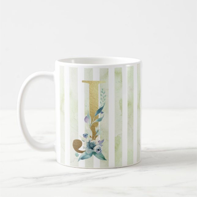 Mug J, initiale or, sur bandes bleu et blanc (Gauche)