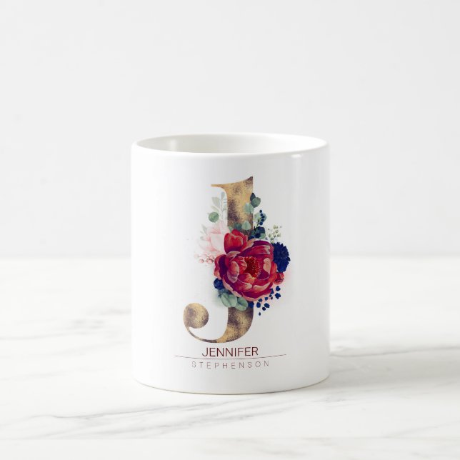 Mug J Monogramme Floral Bourgogne Rouge et Navy Blue (Centre)