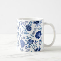 Jacobean Floral Lg Motif Blues sur blanc