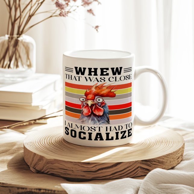 Mug J'ai presque dû socialiser drôle sarcastique (I Almost Had to Socialize Funny Sarcastic Coffee Mug on a sunny neutral boho kitchen table.)