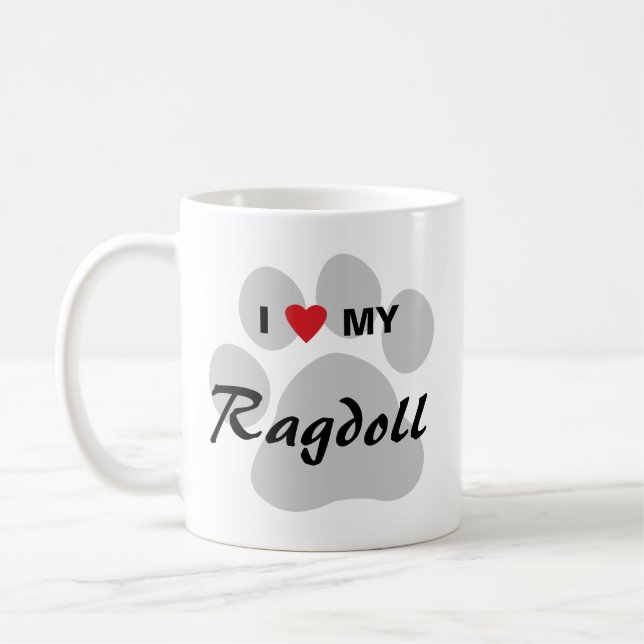 Mug J'aime (coeur) mon chat Pawprint de Ragdoll (Gauche)