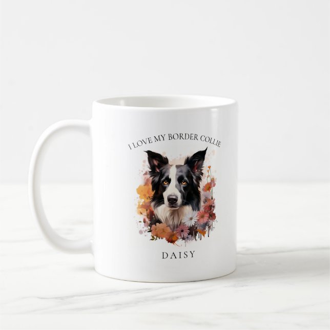 Mug J'Aime Ma Frontière Collie Portrait Floral (Gauche)