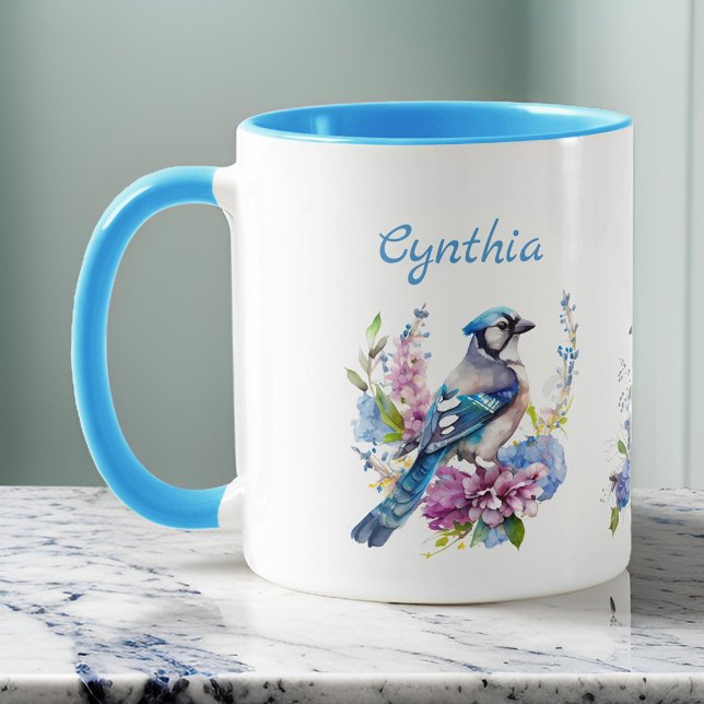 Mug Jais bleus et jolies fleurs d'été Nom du monogramm (Créateur téléchargé)