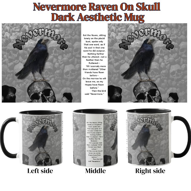 Mug Jamais plus Corbeau Sur Crâne Macabre Esthétique S (Nevermore Raven and Skull Mug with stanza from "The Raven.")