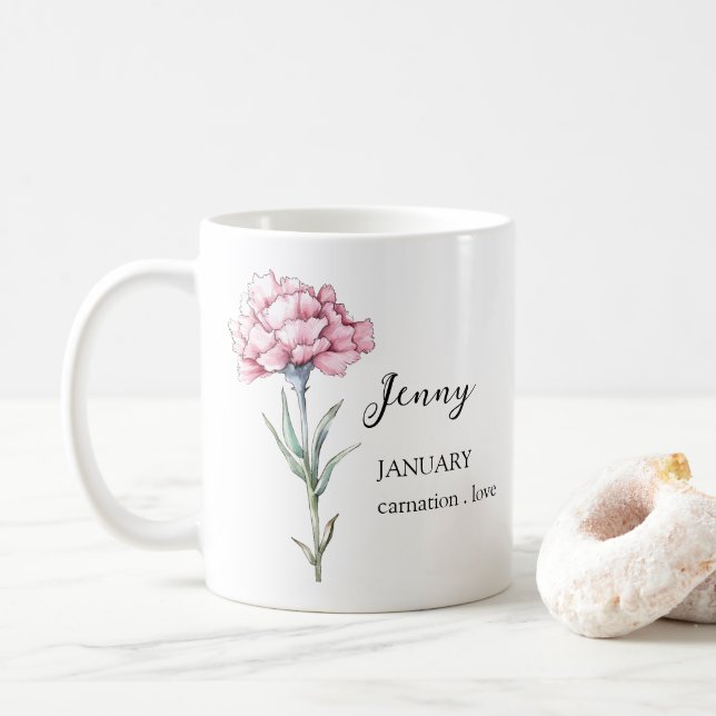 MUG JANVIER CARNATION NAISSANCE FLEURS MOIS NOM CADEAU (Avec donut)