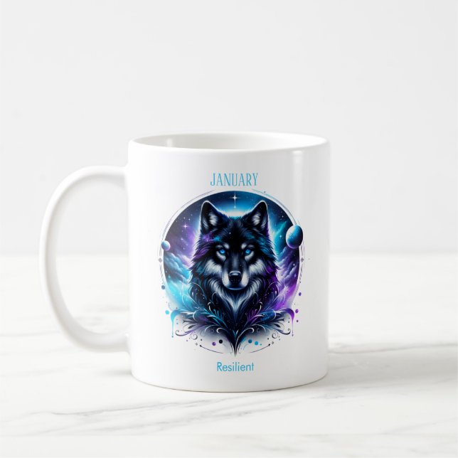 Mug Janvier Mois de la naissance Esprit Loup animal (Gauche)