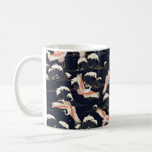 Mug japanese storks in vintage style on green backgrou