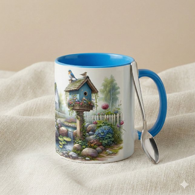 Mug Jardin de maisonnette à l'aquarelle avec nichoir à (Cottagecore Birdhouse Garden Watercolor Mug Mockup A)