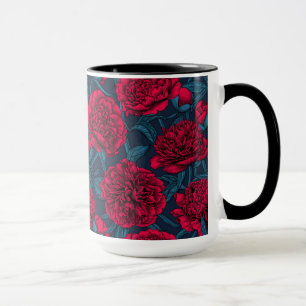 Mug Jardin de pivoine rouge sur bleu foncé