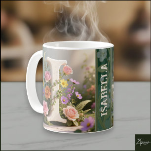 Mug Jardin Floral Blanc Monogramme Lettre I
