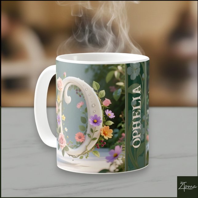 Mug Jardin Floral Blanc Monogramme Lettre O (Créateur téléchargé)