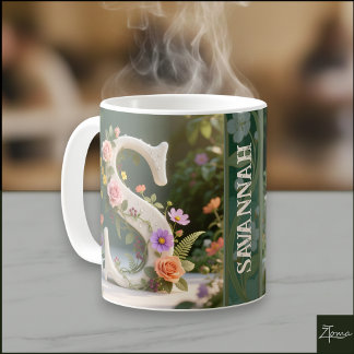 Mug Jardin Floral Blanc Monogramme Lettre S
