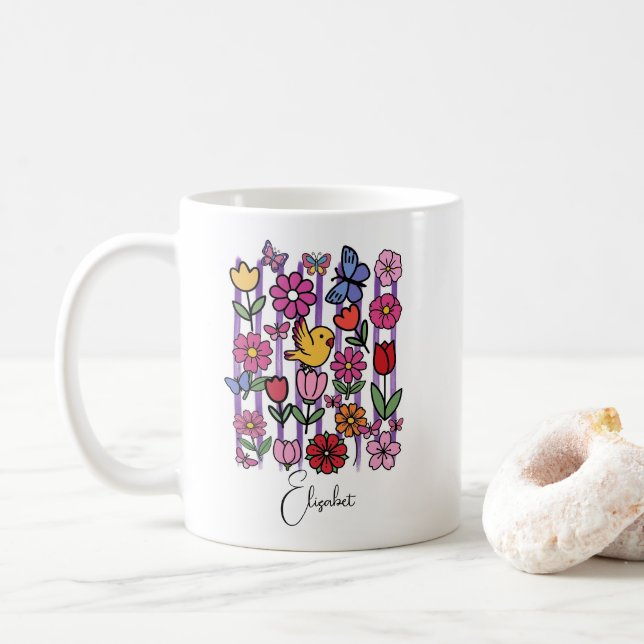 Mug Jardin Printanier Mignon Fleurs Papillons Oise (Avec donut)