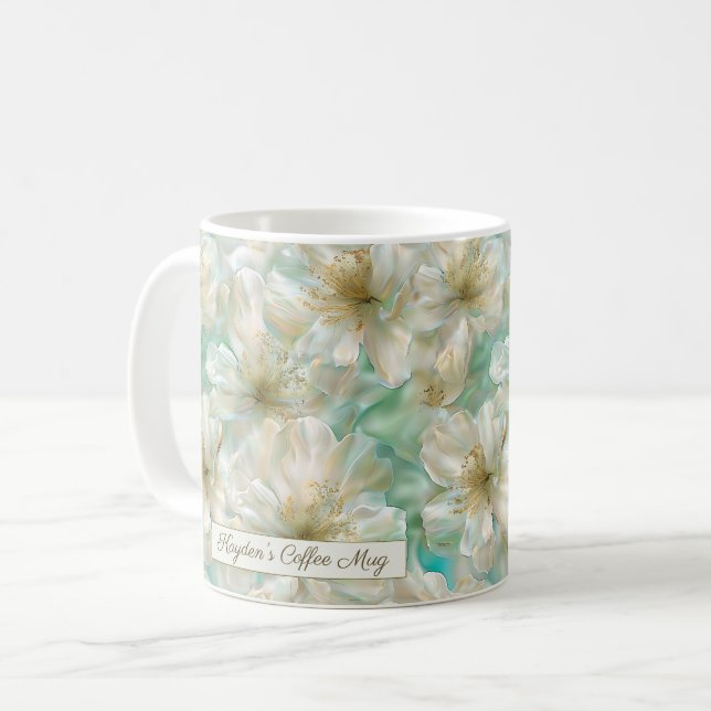 Mug Jasmin de luxe vert sauge floral doré Script  (Devant gauche)