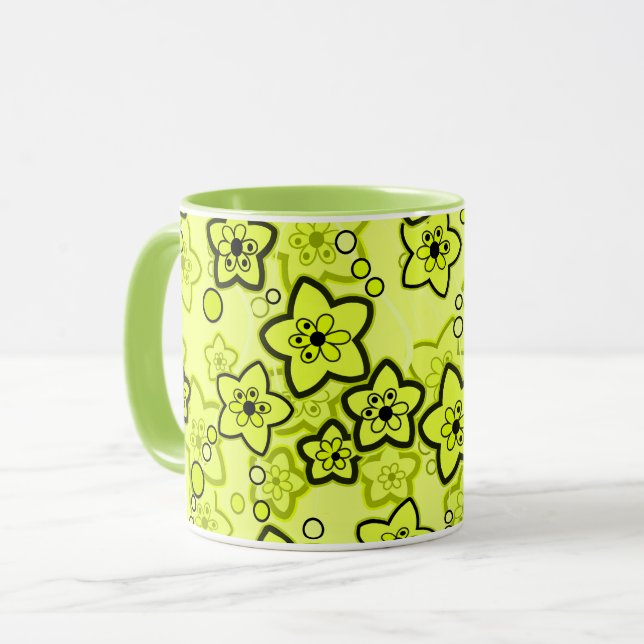 Mug Jaune avec motif floral néon vif noir (Devant gauche)