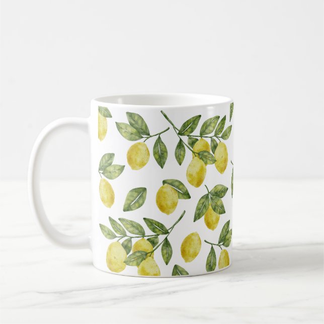 Mug Jaune d'été citrons à l'aquarelle avec feuilles ve (Gauche)