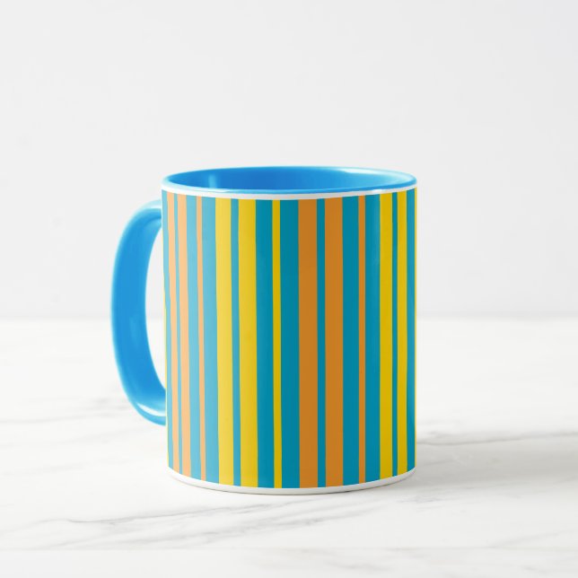 Mug Jaune et bandes verticales orange bleu   (Devant gauche)