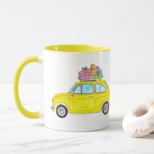 Mug Jaune Fiat 500 cadeaux de Noël Aquarelle (Avec donut)