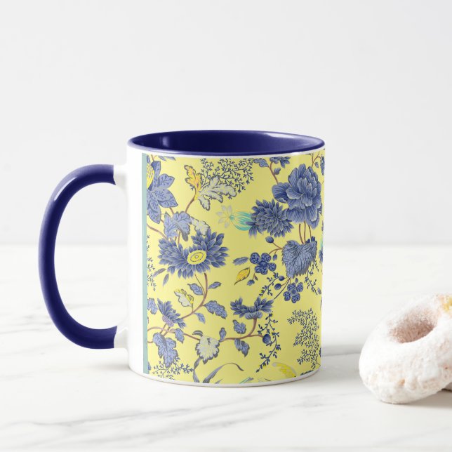 Mug jaune Fleurs bleues (Avec donut)