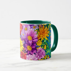 Mug Jaune rose rouge Bleu Vert Jardin Fleurs Motif