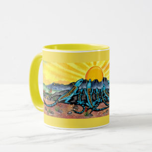 Mug Jaune Soleil, Lézard Bleu Regarde Lever Du Sol