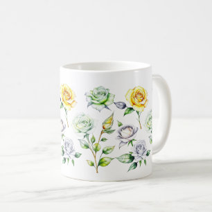 Mug Jaune, Vert, Roses Blanches Design crayon couleur