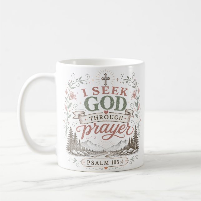 Mug Je cherche Dieu par la prière Citation chrétienne (Gauche)