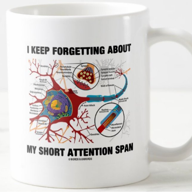 Mug Je continue à oublier ma durée d'attention courte (Mug featuring neuron/synapse for anyone with a short attention span)