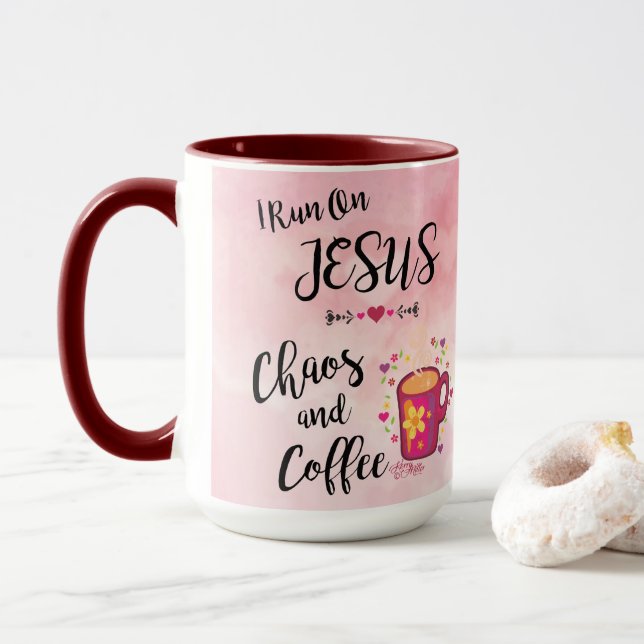 Mug Je cours sur Jésus, le chaos et le café (Avec donut)