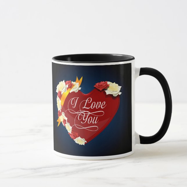 Mug Je t'aime, coeur rouge/roses blancs (Droite)