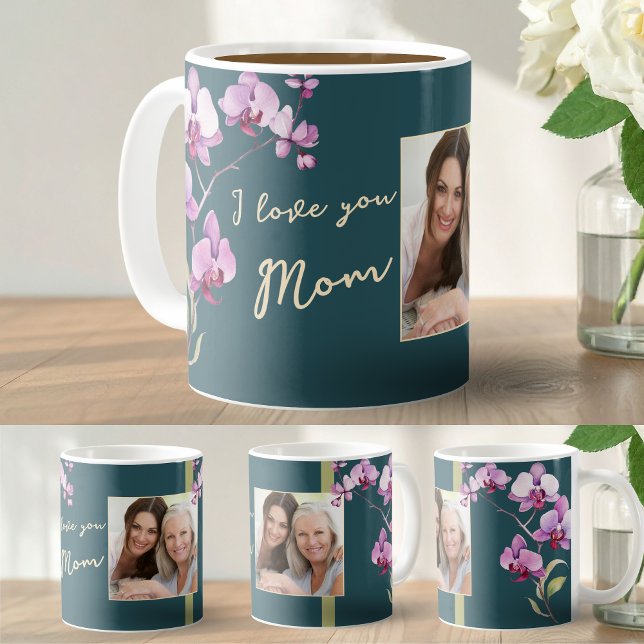 Mug Je t'aime maman orchidée florale sarcelle verte ph (Créateur téléchargé)