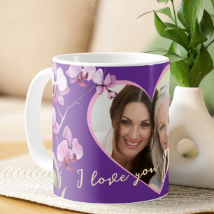 Mug Je t'aime maman Photo de cœur d'orchidée violette