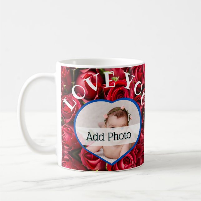 Mug Je t'aime Photo de cœur Roses rouges Écriture mode (Gauche)