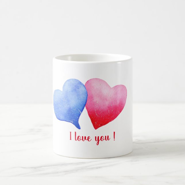 Mug Je vous aime aquarelle rouge et bleu coeur (Centre)