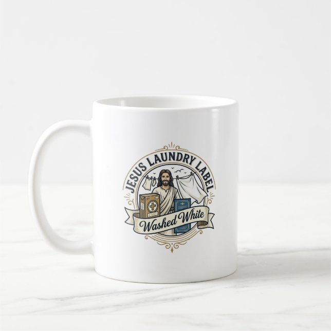 Mug Jesus Étiquette de Lavage Lavé Blanc Jésus Lavage  (Gauche)
