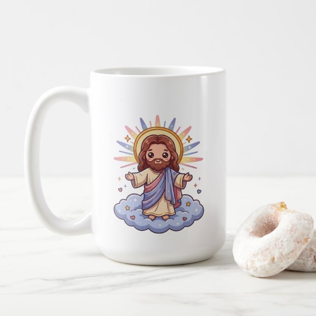 Mug Jésus Kawaii Mignon sur un Nuage | Illustration de (Avec donut)