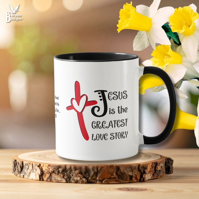 Mug JÉSUS LA PLUS GRANDE HISTOIRE D'AMOUR Pâques chrét (Modern JESUS IS THE GREATEST LOVE STORY Easter Resurrection Mug with customizable text. Great gift.)